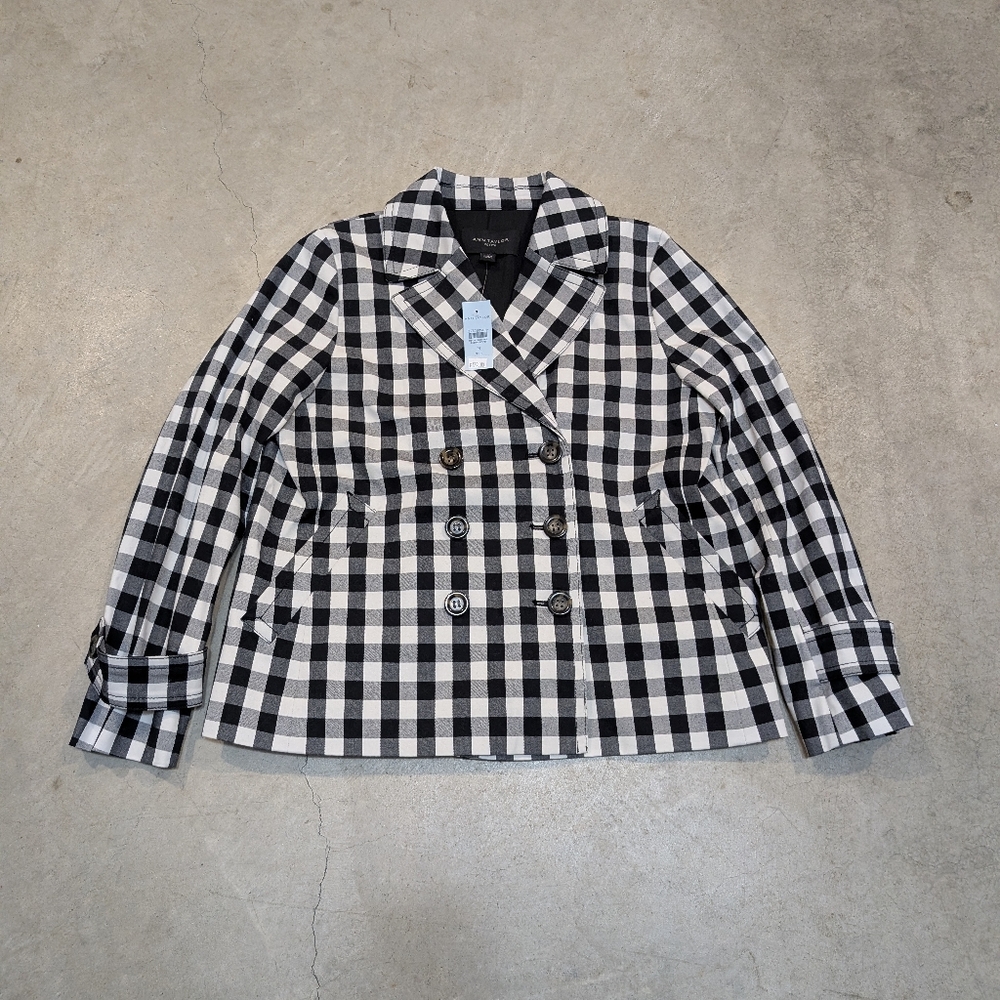 NWT Ann Taylor Double Breasted Blazer Gingham Black White Women's M Petite